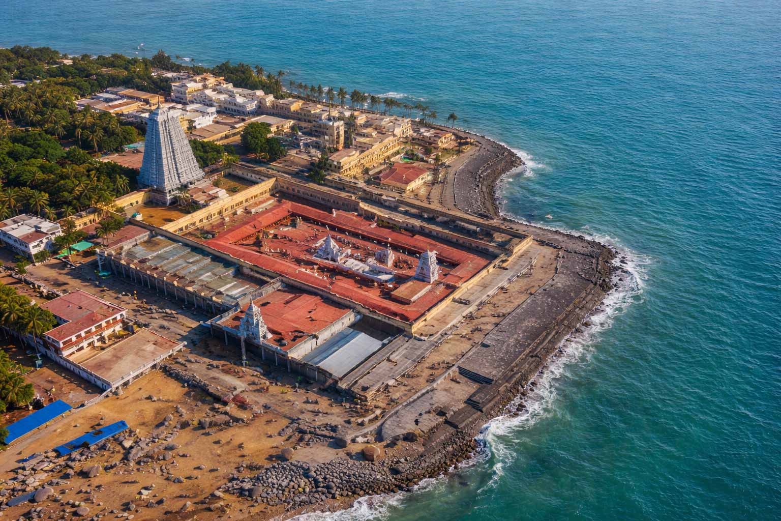 Aerial view of Tiruchendur Murugan Temple near sea coast