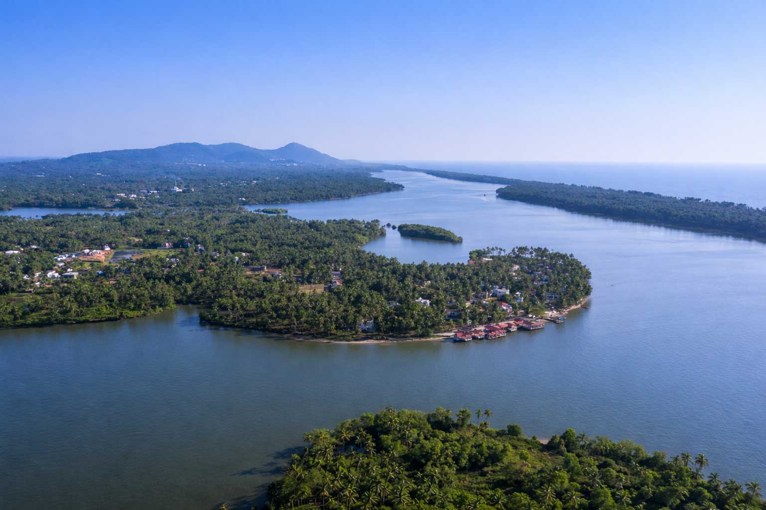 Aerial view of Punnakayal Backwaters near Tiruchendur