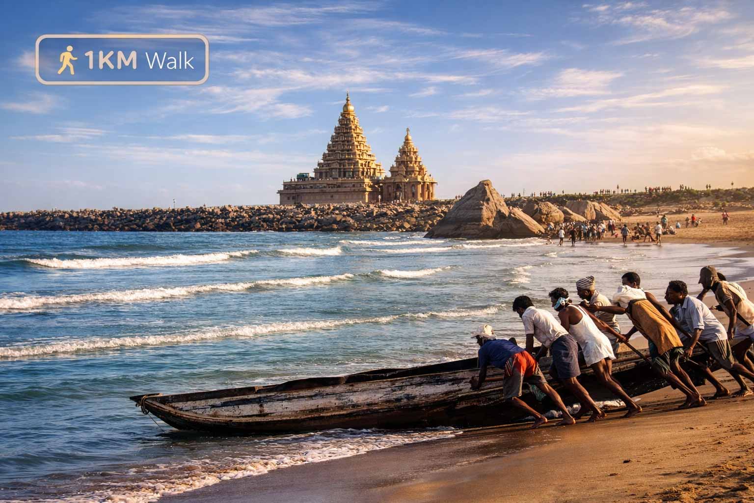 Tiruchendur beach with waves and temple view nearby